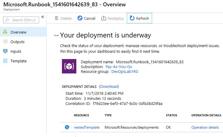 Screenshot of the Azure runbook overview pane in Azure Portal for the deployment of the AzureRM module. The image shows the message 'Your deployment is underway'.